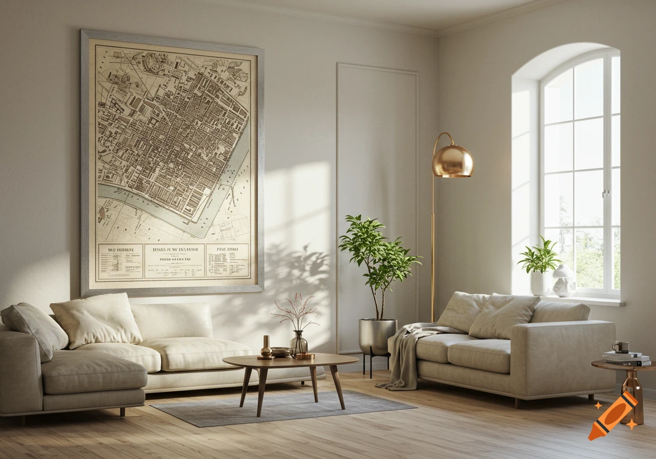 An elegant Nordic living room with a large framed city map above a sofa, a coffee table, a floor lamp, and a large window.