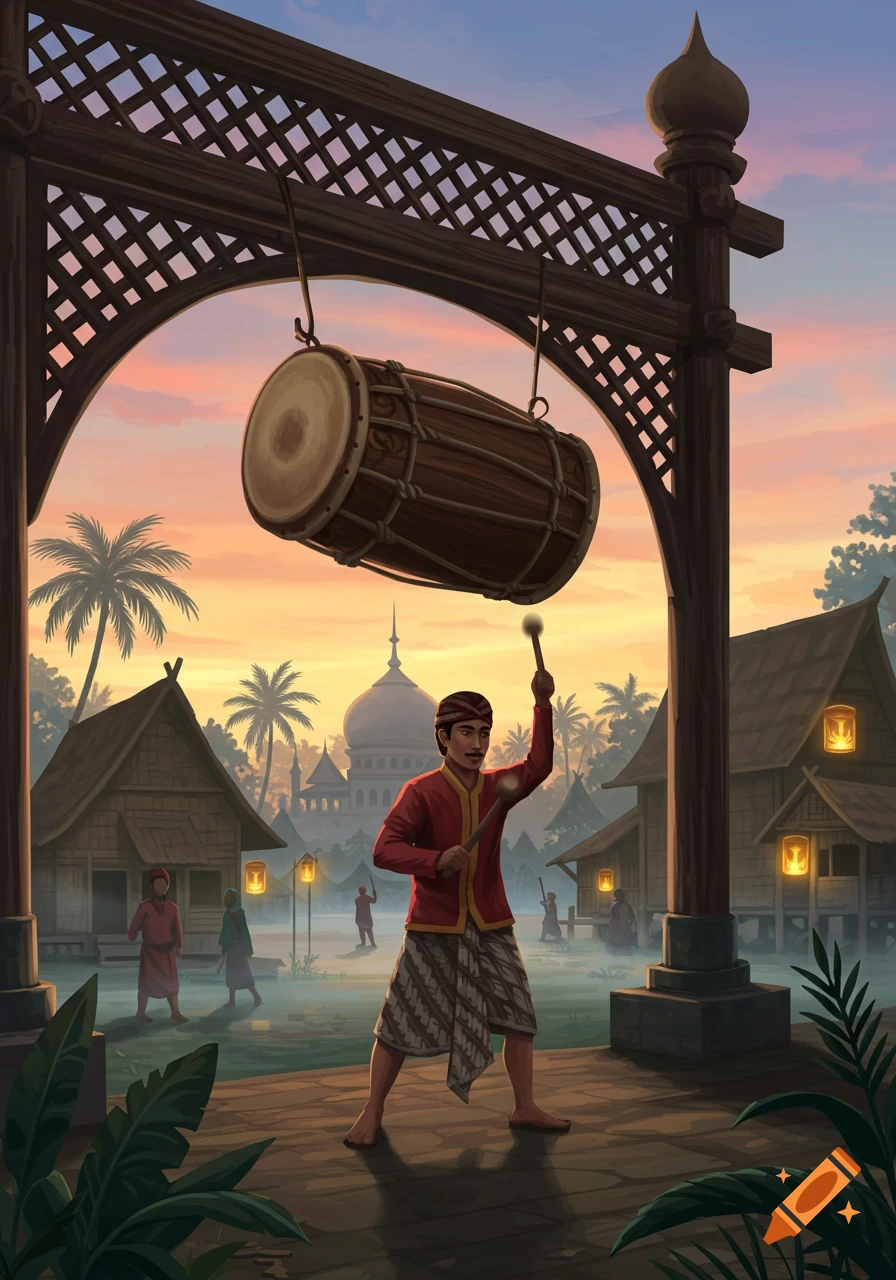 A man in traditional attire plays a large drum hanging from a wooden arch in a vibrant village at sunset, with a mosque dome in the background.