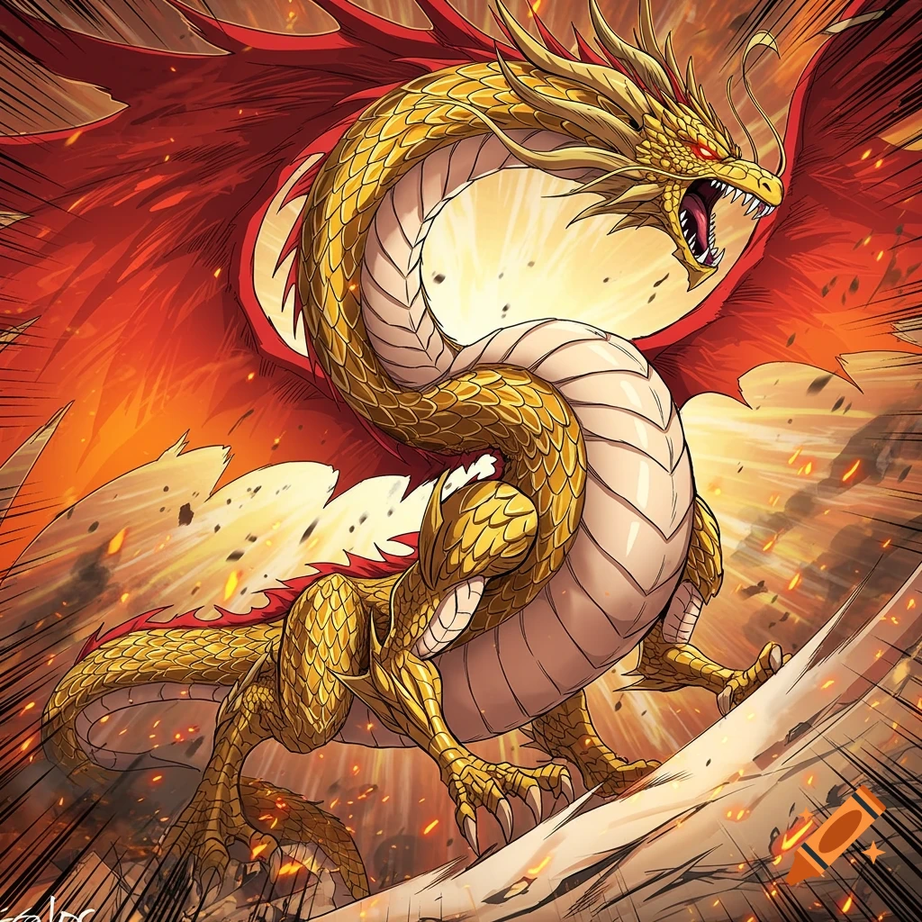 A majestic golden dragon with large red wings roars amidst an explosion of fire and debris, in a dynamic manhua style.