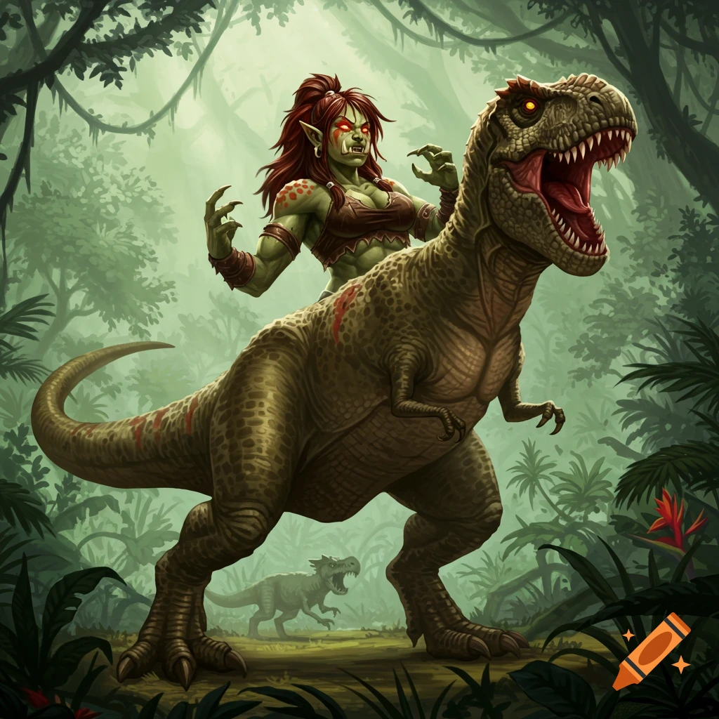 A fierce green orc with red hair rides a large roaring T-rex through a lush jungle, with another smaller T-rex in the background.