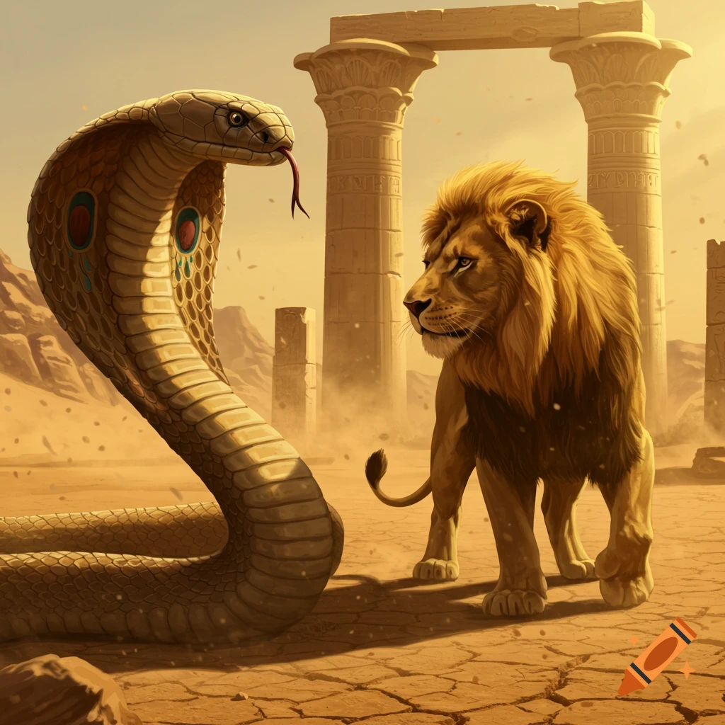 A large cobra with its hood flared faces off against a lion in a sandy desert with ancient Egyptian ruins in the background.