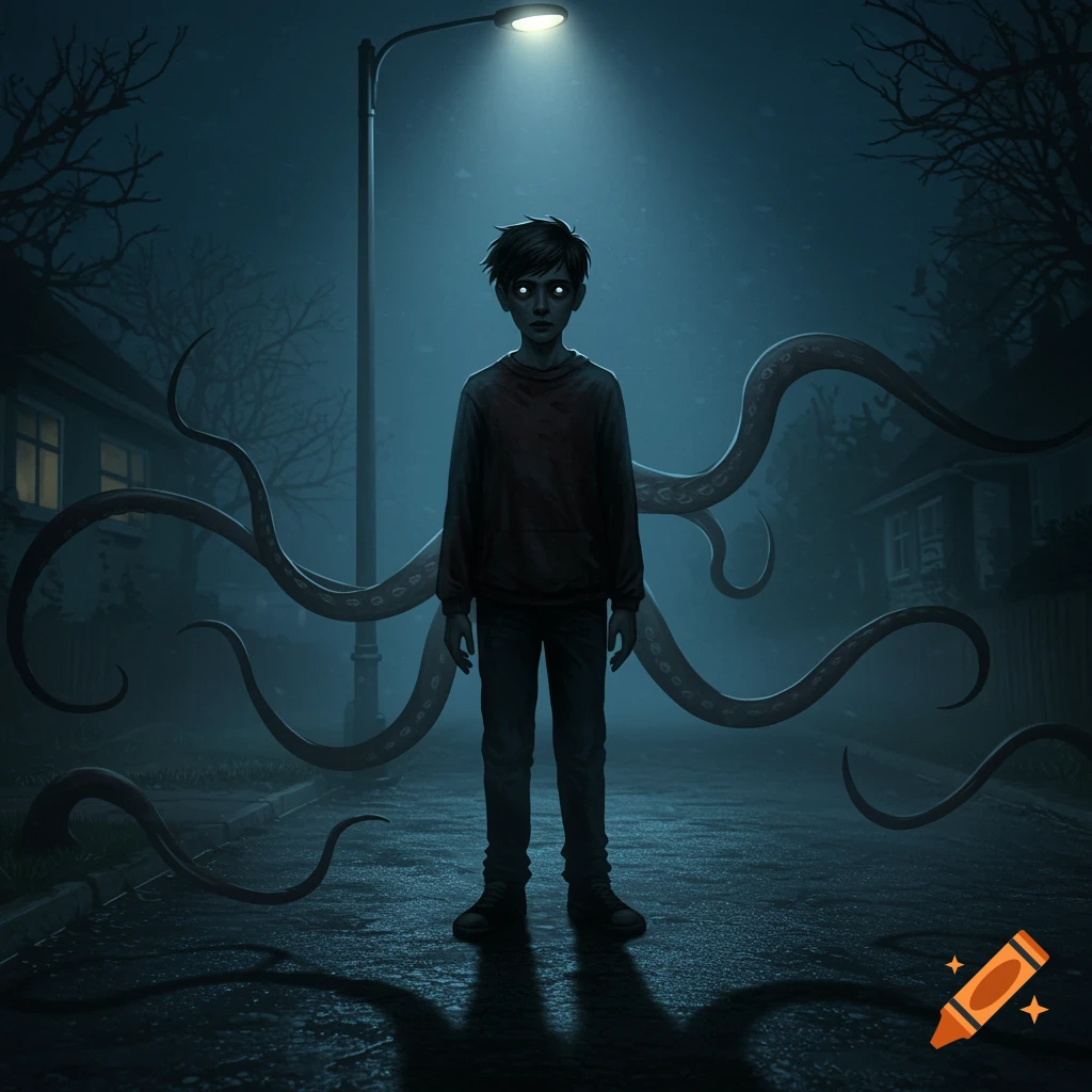 A boy with glowing eyes stands on a dark, foggy street at night, with large tentacles emerging from the mist behind him.
