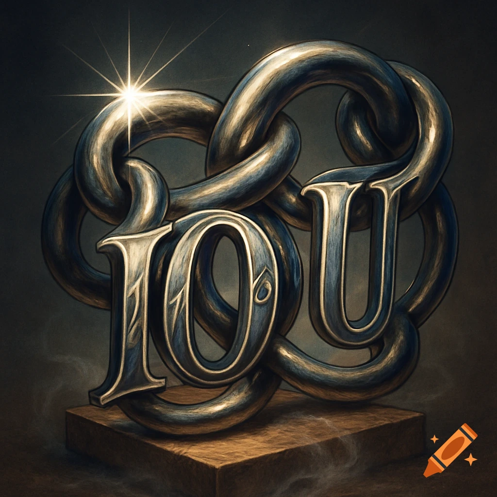 Stylized metallic letters 'IOU' formed by intricate chains, resting on a wooden block with a glowing light.