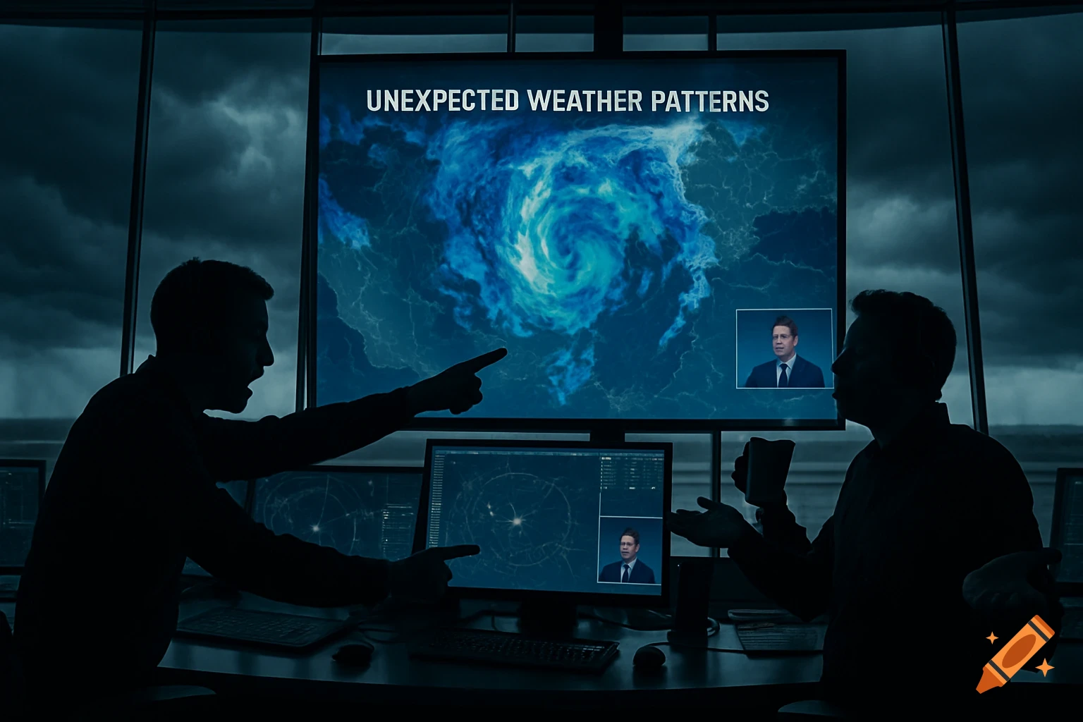 Two air traffic controllers in a dark control tower look at a screen showing unexpected weather patterns and a newscaster, with storm clouds visible outside.