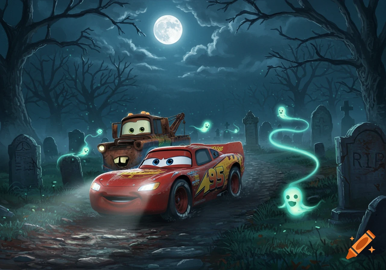 Lightning McQueen and Mater driving through a spooky cemetery at night, surrounded by glowing blue ghosts under a full moon.