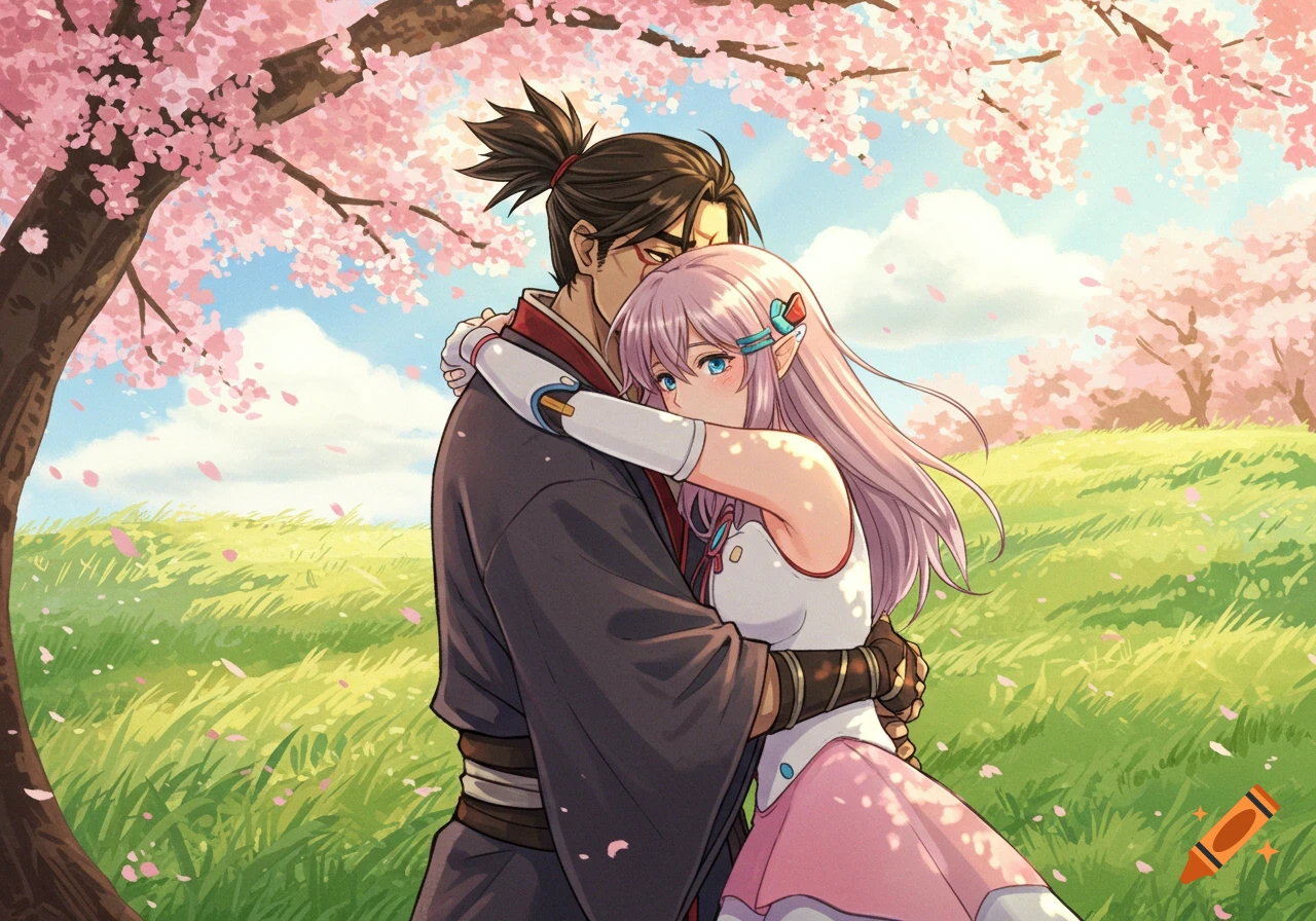 Anime couple hugging under a cherry blossom tree in a field, with pink petals falling, in a Ghibli art style.