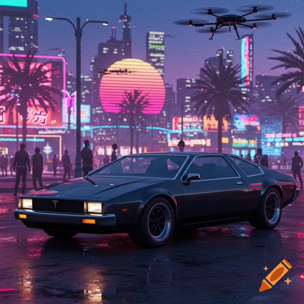 A dark retro-futuristic car on a wet street in a neon-lit city at night, with palm trees, a large sunset, and a drone flying overhead.
