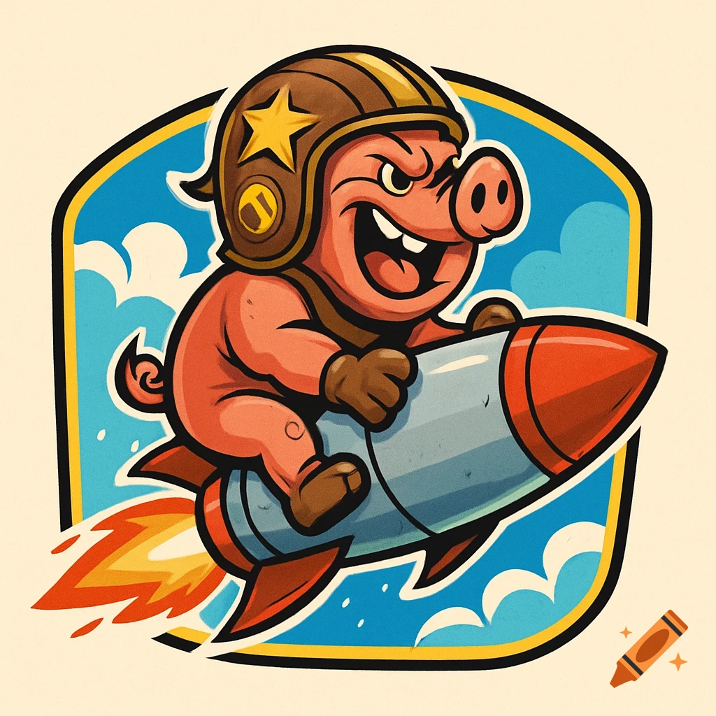 Cartoon pig in pilot helmet riding a rocket, depicted in a logo style against a blue sky background.