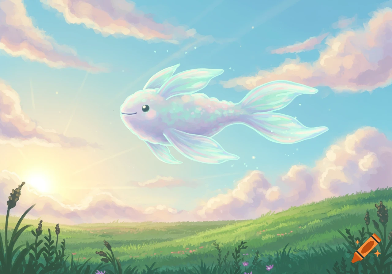 A cute, pastel-colored fish-like creature with bunny ears flies in a sunny blue sky filled with pink and white clouds, over a vibrant green field.