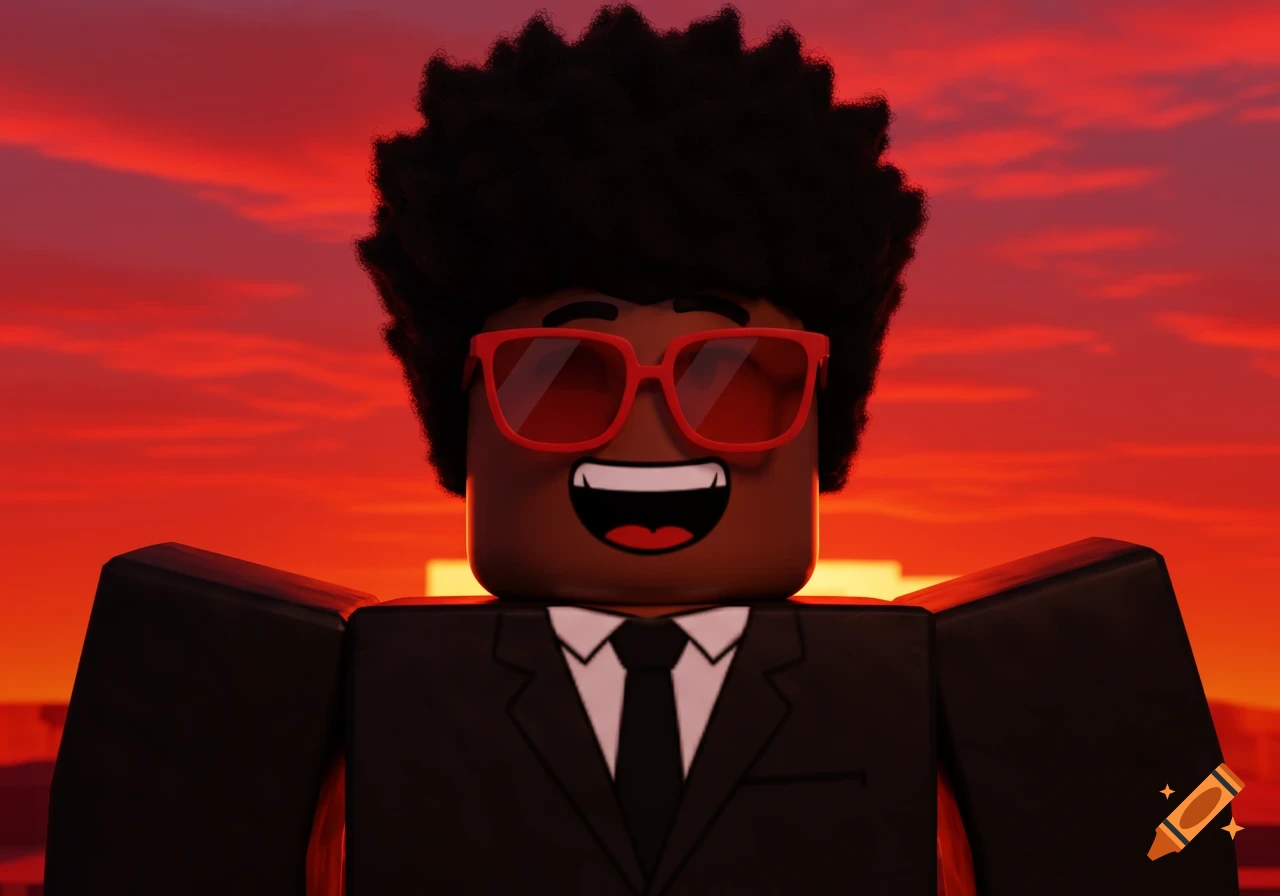A Roblox character with black afro hair, dark skin, red sunglasses, and a black suit, laughing against a red sunset sky.
