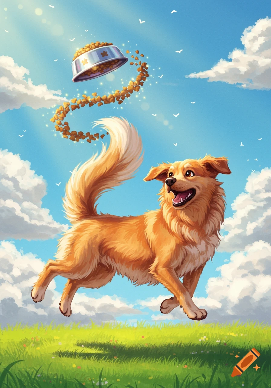 A happy golden-brown dog jumps in a sunny green field, looking up at a floating food bowl spilling kibble in a magical arc under a blue sky.