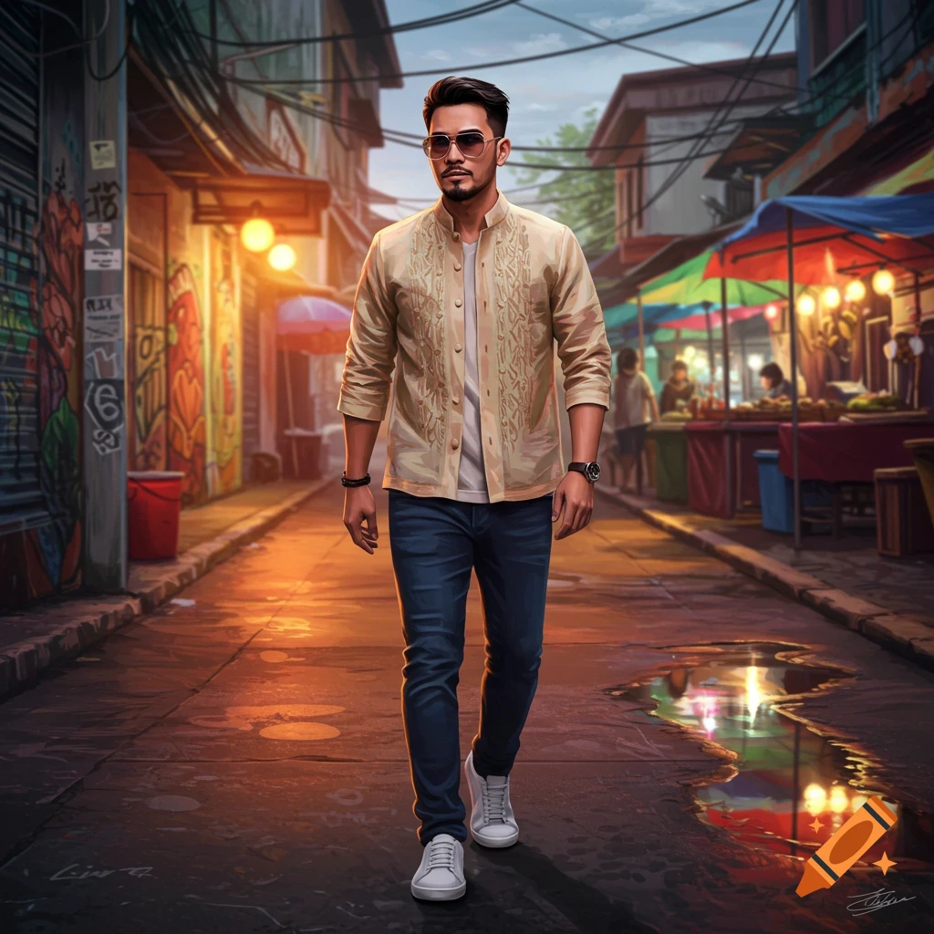 A stylish man in a traditional Filipino shirt and jeans walks down a vibrant street market at sunset.