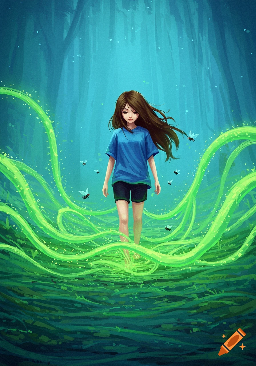 An anime-style illustration of a girl with long brown hair walking through a mystical forest with glowing green plants and fireflies.
