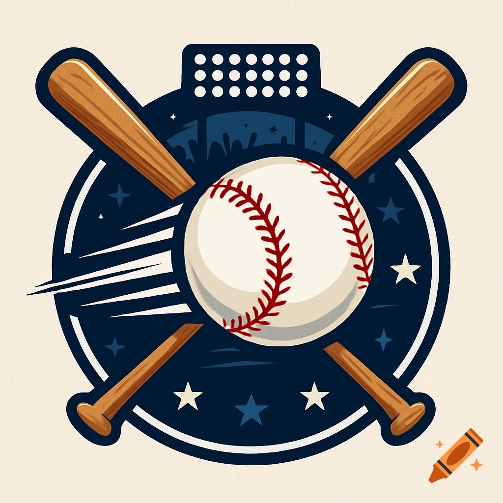 A vintage-style baseball logo featuring crossed bats, a baseball with motion lines, and stadium lights in a dark blue and cream color scheme.