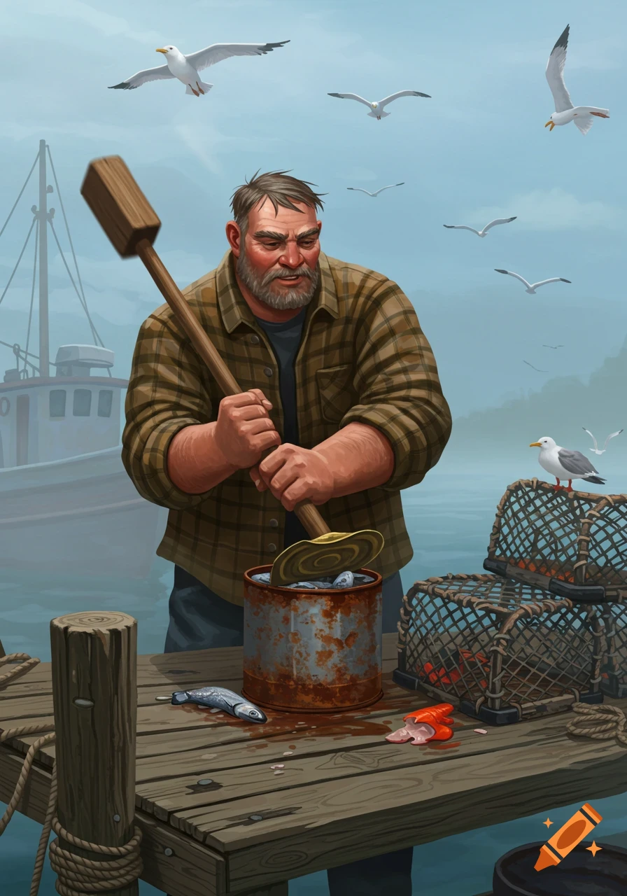 A bearded fisherman on a dock pounds fish in a rusty can with a wooden mallet, surrounded by seagulls and a boat in an illustrative style.