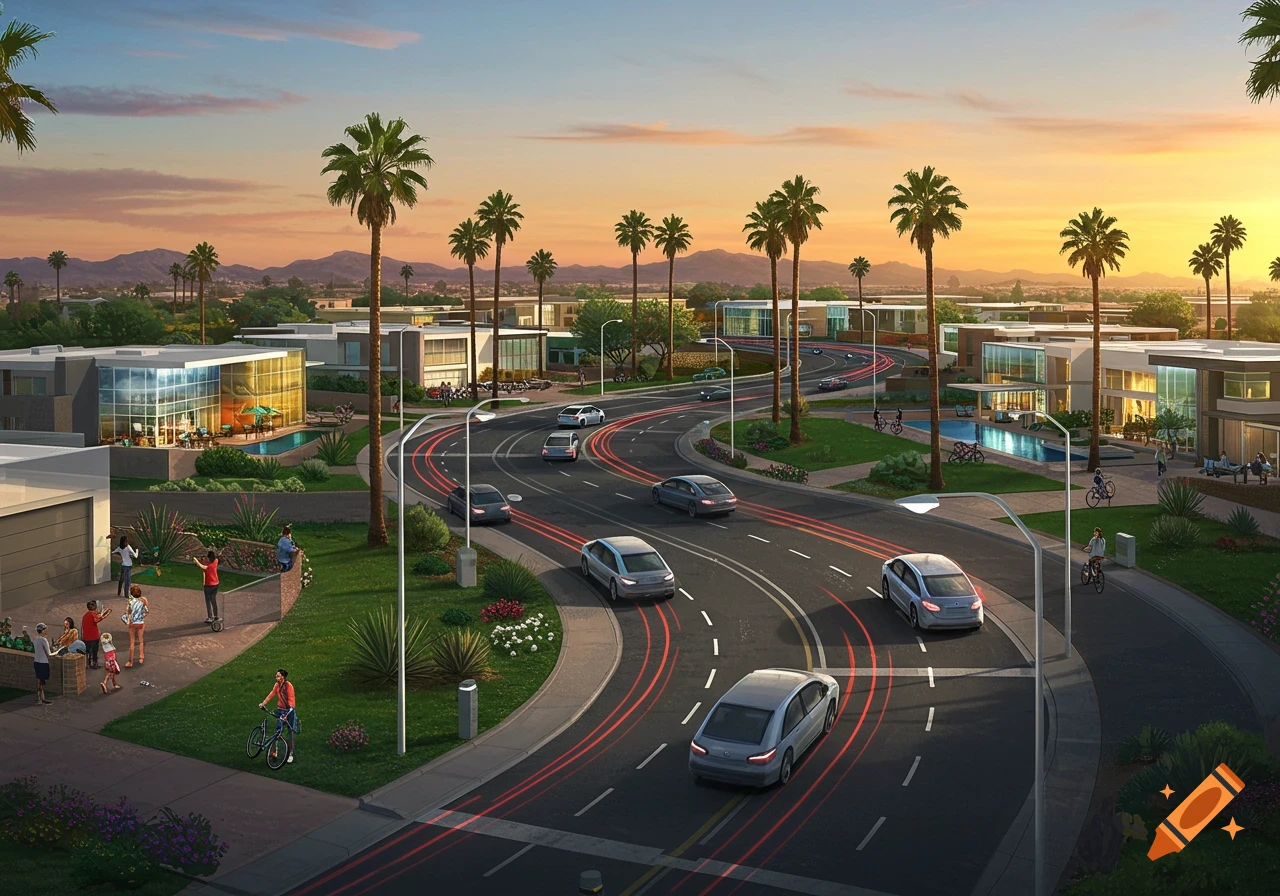 A modern residential neighborhood with contemporary houses, palm trees, and cars on a winding road at sunset, with red light trails.