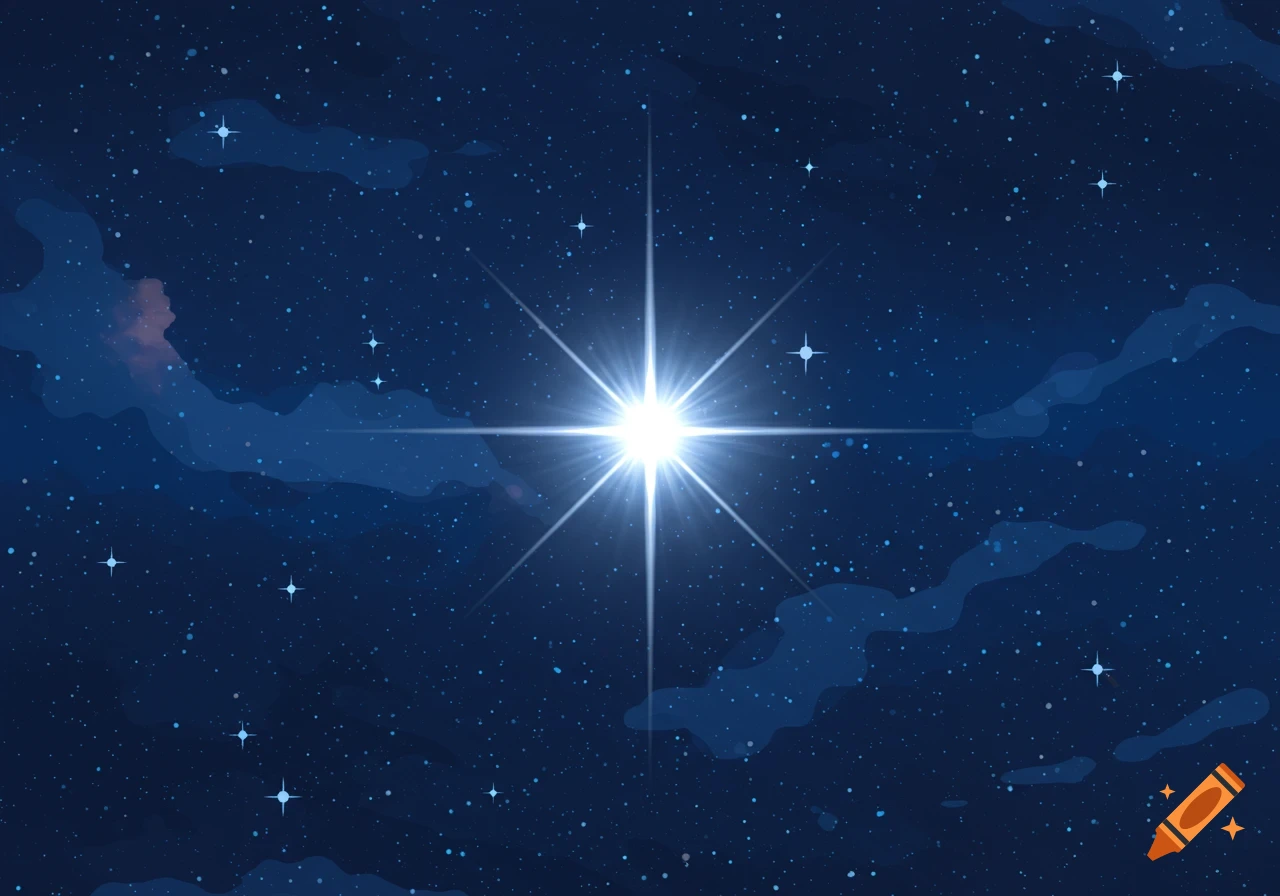 A bright, cartoon star with prominent light rays shines in a dark blue night sky filled with smaller stars and wispy clouds.