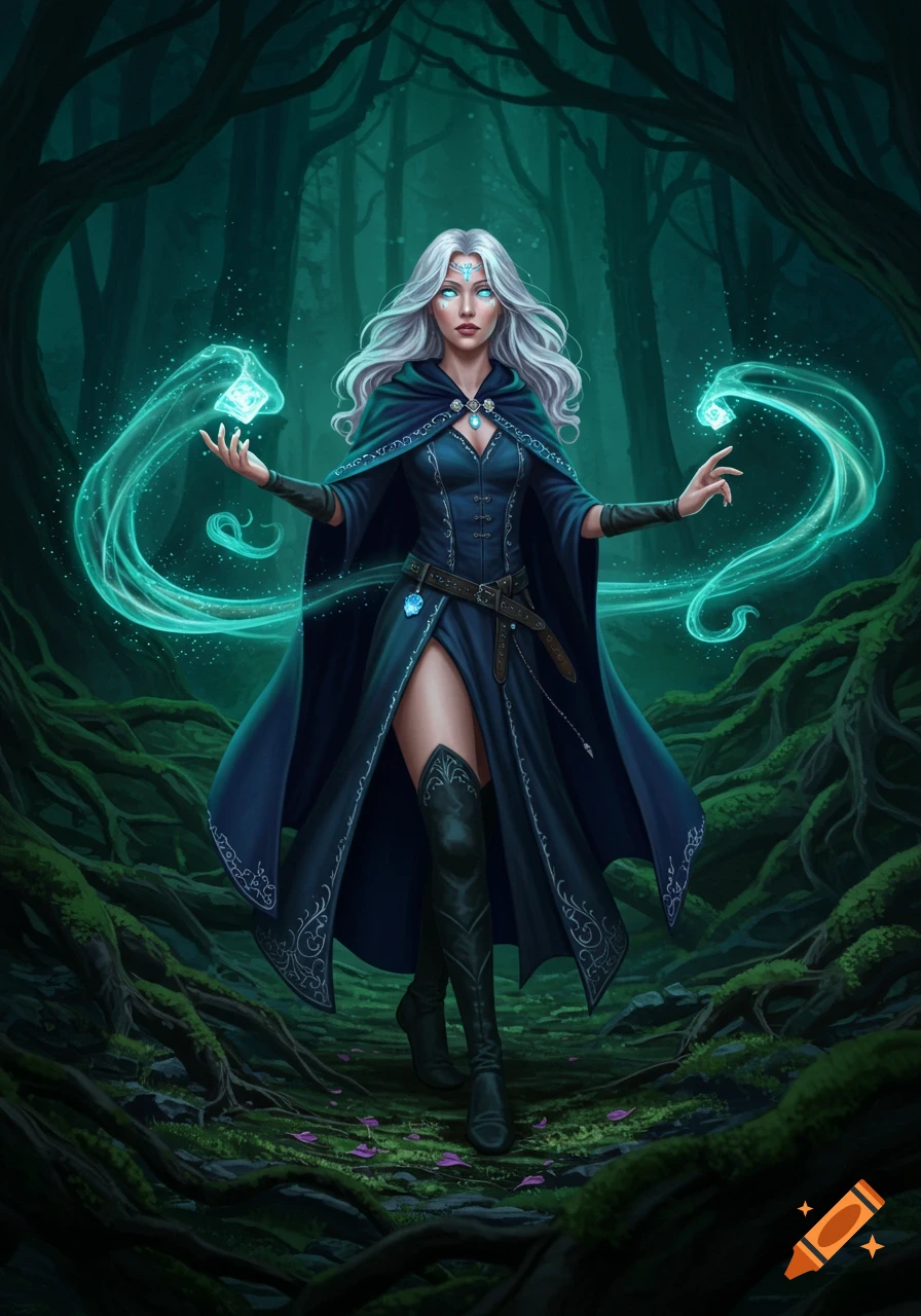 A white-haired sorceress in a dark blue cape casts a glowing spell in a mossy, mystical forest.