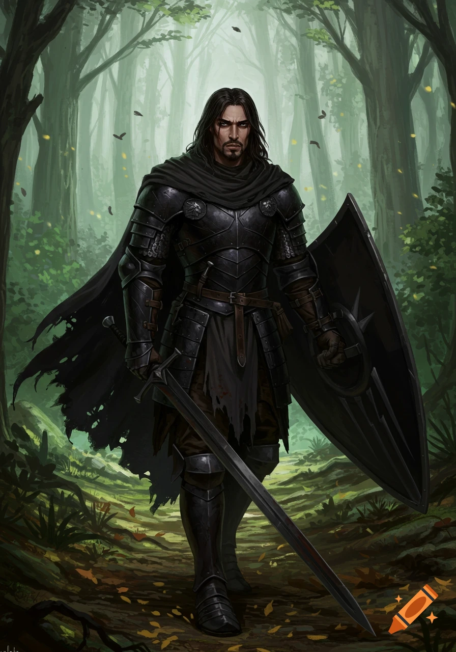 A dark knight in blackened plate mail and tattered cloak walks through a misty forest, holding a broadsword and shield.