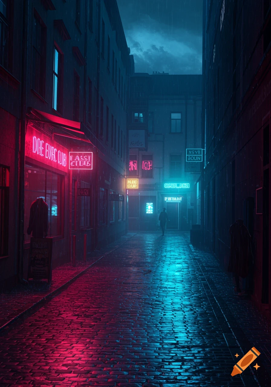 A dark, rainy city alley at night, illuminated by vibrant red and blue neon signs reflecting on the wet cobblestone street.