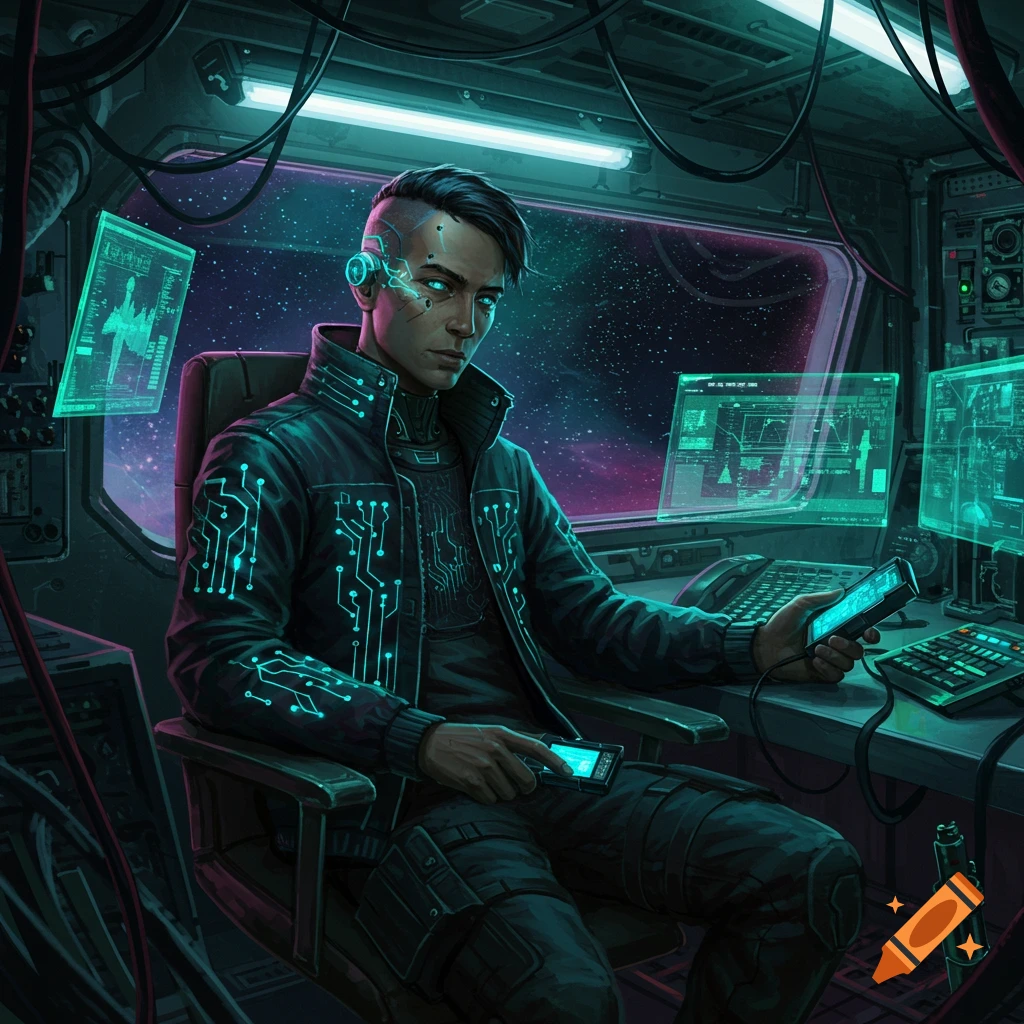 A futuristic hacker with glowing eyes and circuit patterns on his jacket sits in a spaceship cockpit with neon screens and wires.