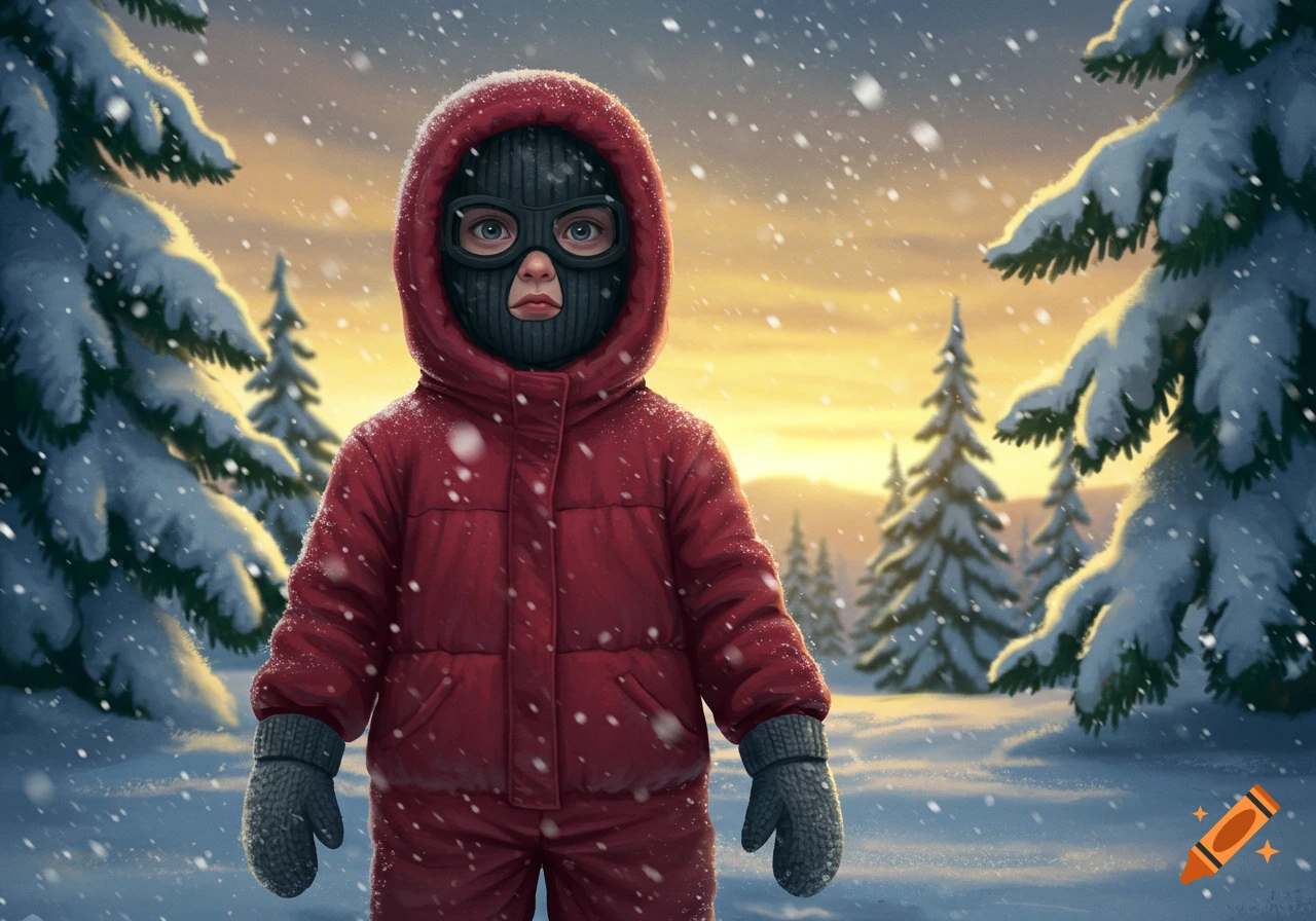 A child in a red winter suit and black ski mask stands in a snowy forest at sunset, digital painting.