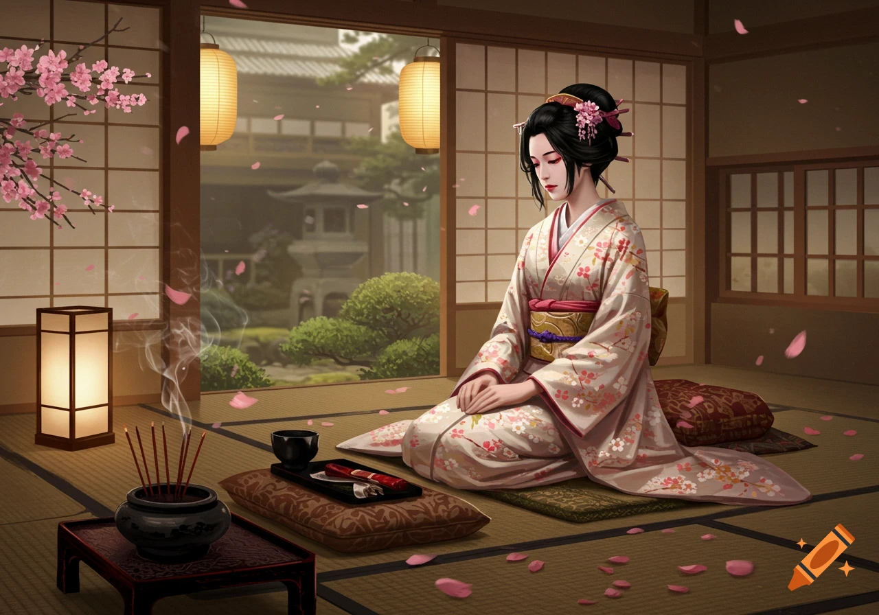 An illustrated Japanese woman in a kimono sits in a traditional room with cherry blossoms, incense, and a view of a garden.