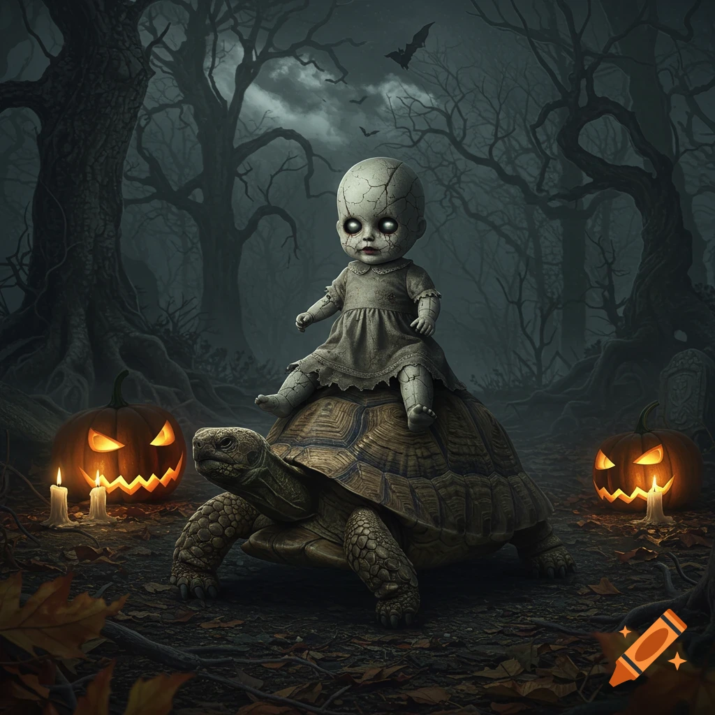 A creepy cracked doll rides a tortoise through a dark, spooky forest with glowing Halloween pumpkins and candles.