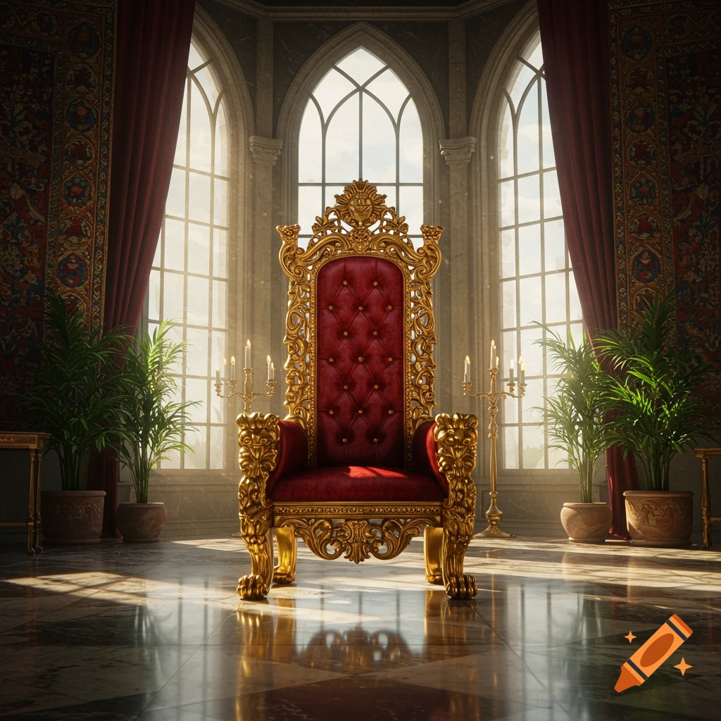 A lavish red and gold throne sits in a grand room with large arched windows, red drapes, and potted plants. Photorealistic.