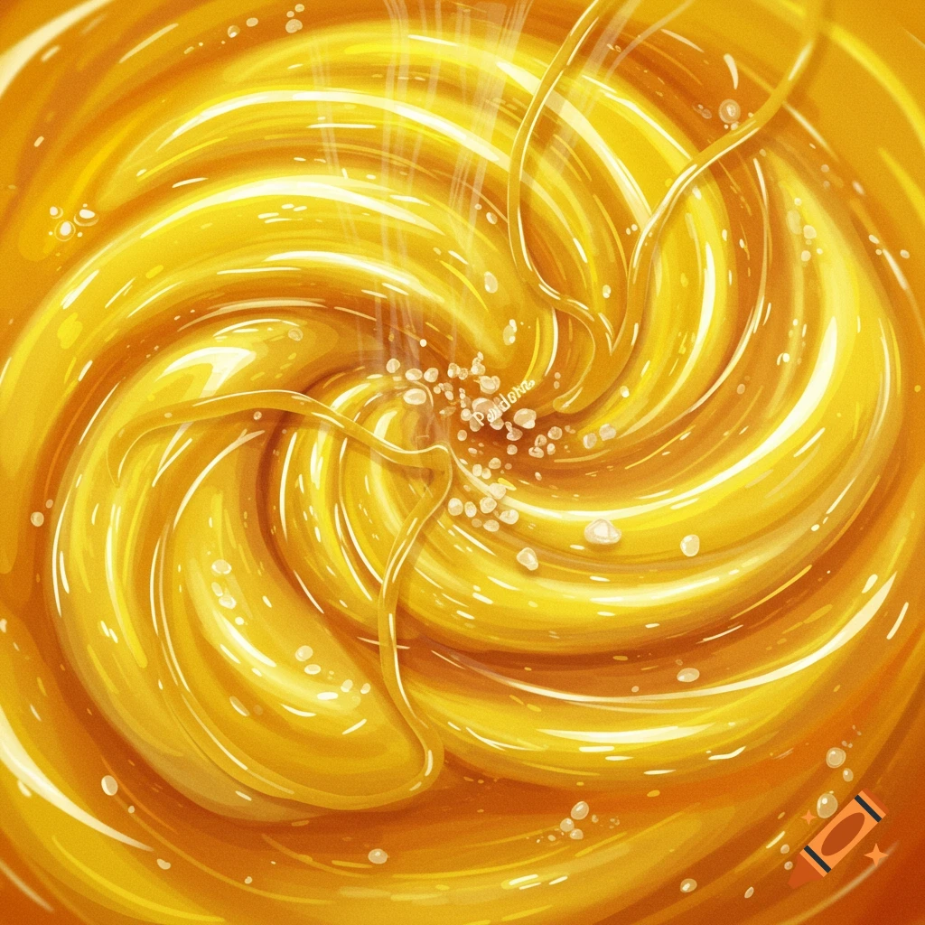 A vibrant yellow and orange liquid swirls in a spiral pattern, with small white droplets and thin streams of liquid adding texture.