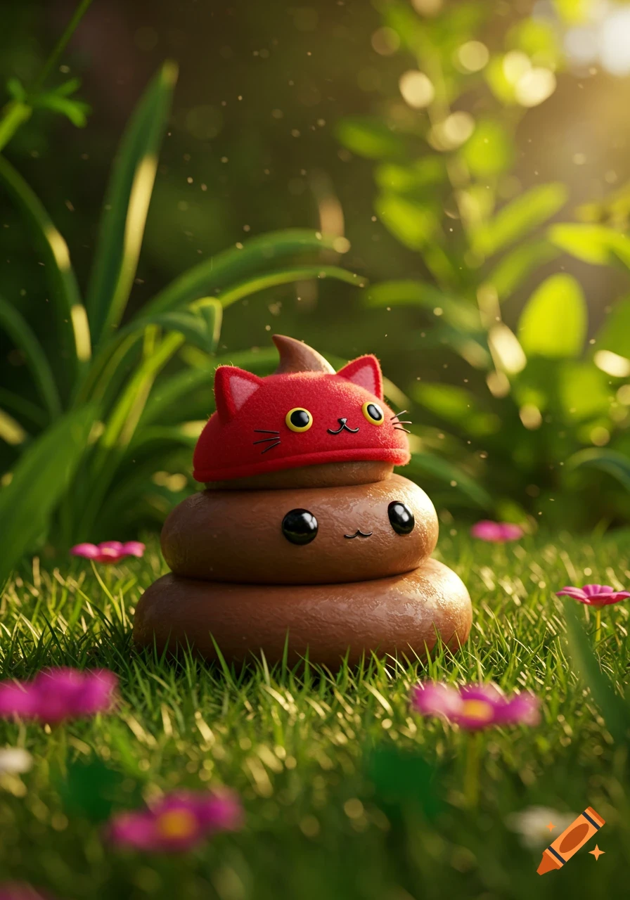A cute cartoon poop character wearing a red cat hat sits in green grass with small pink flowers.