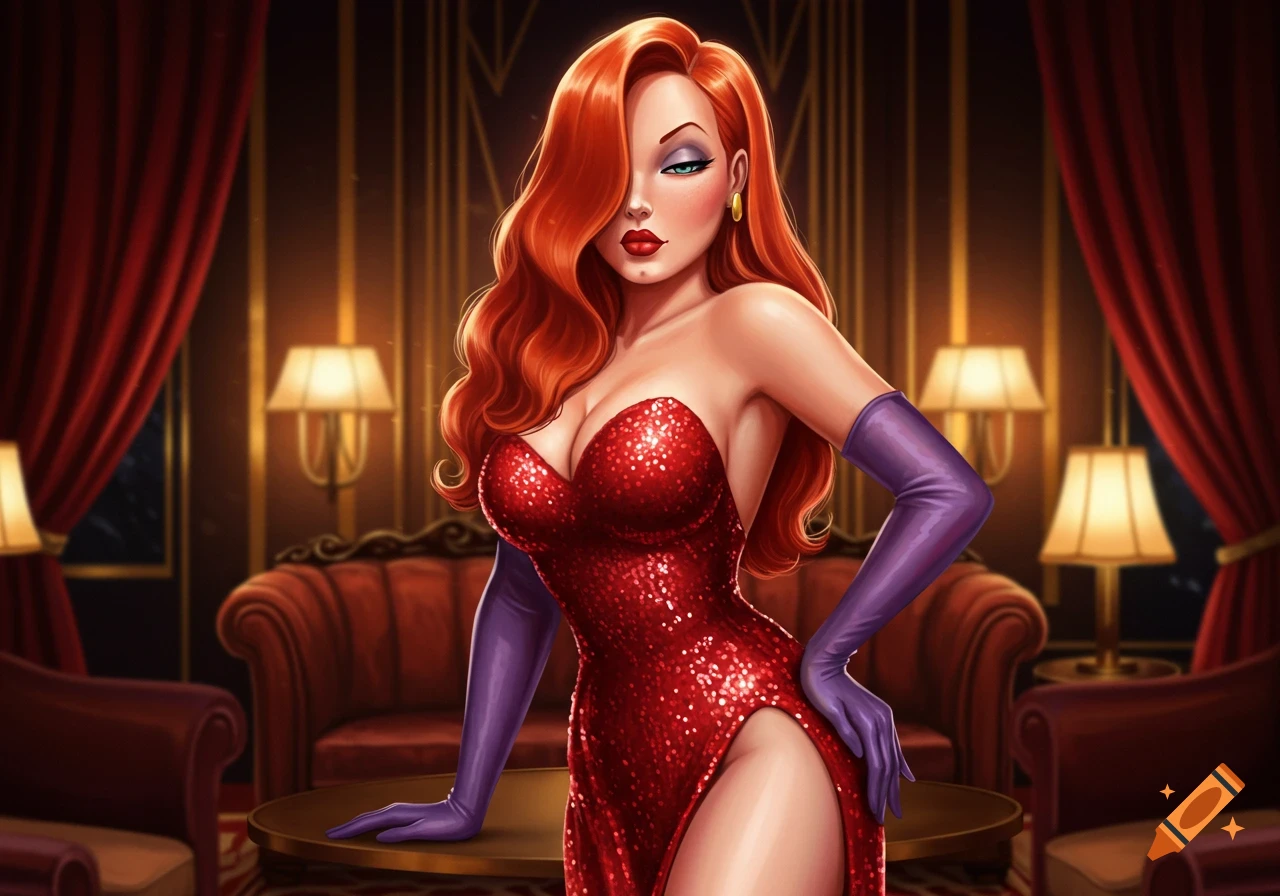 Illustration of Jessica Rabbit in a red sequined dress and purple gloves, posing in a dimly lit lounge.