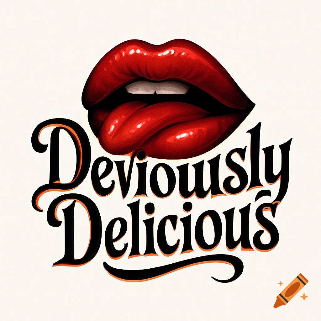 Stylized red lips with tongue and the text 'Deviously Delicious' in a logo format.