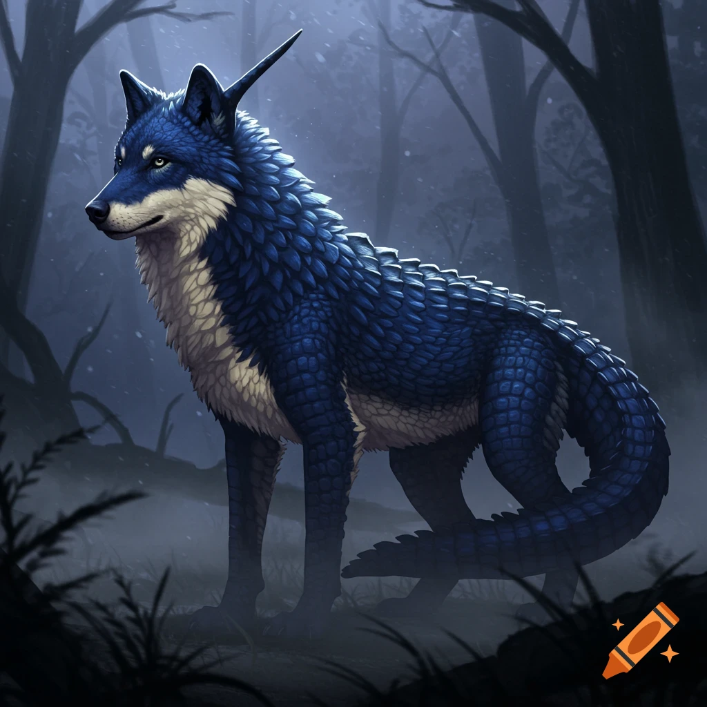A blue wolf-alligator hybrid creature with scaly skin and a cream belly stands in a misty, dark forest.