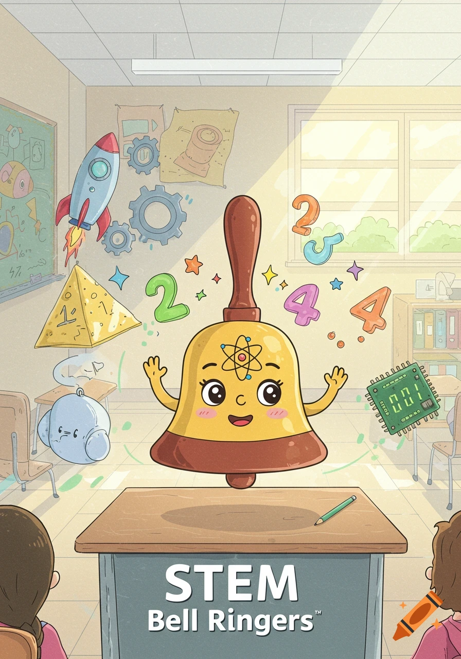 Cartoon bell in a classroom with STEM symbols: rocket, gears, numbers, circuit board, and "STEM Bell Ringers" text.