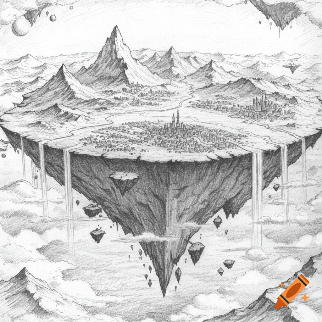 Detailed pencil sketch of a vast floating continent with mountains, cities, and waterfalls, suspended among clouds and smaller islands.