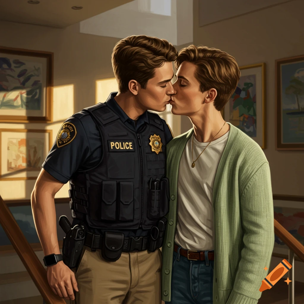 A man in a police uniform kisses another man wearing a green cardigan, in an illustrative style.