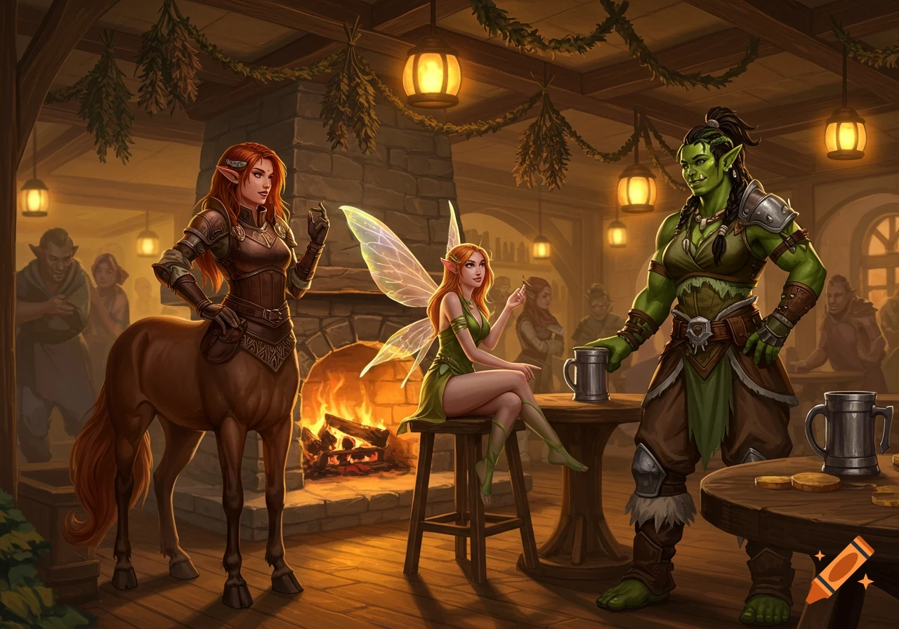Female centaur, fairy, and orc characters in a cozy fantasy tavern with a fireplace.