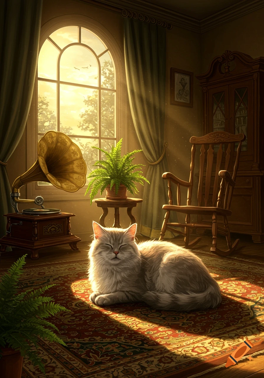 A fluffy grey cat sleeps on a patterned rug in a sunlit room with a large arched window, a gramophone, and a rocking chair.