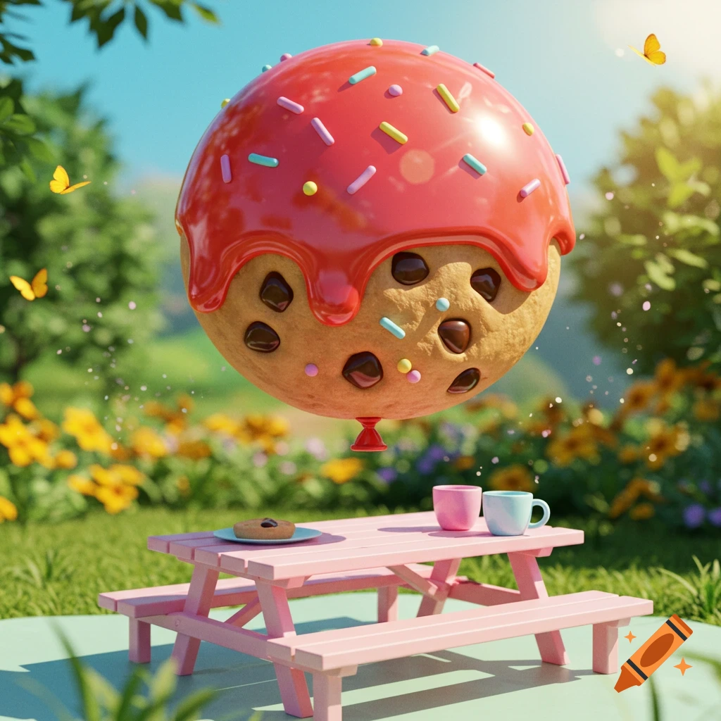 A giant chocolate chip cookie balloon with pink icing and sprinkles floats above a pink picnic table in a sunny outdoor setting with flowers and butterflies.