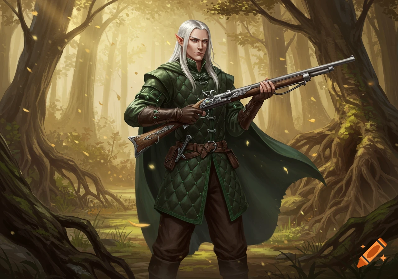 An elf with long white hair in green quilted armor holds an arquebus in a sunlit forest.
