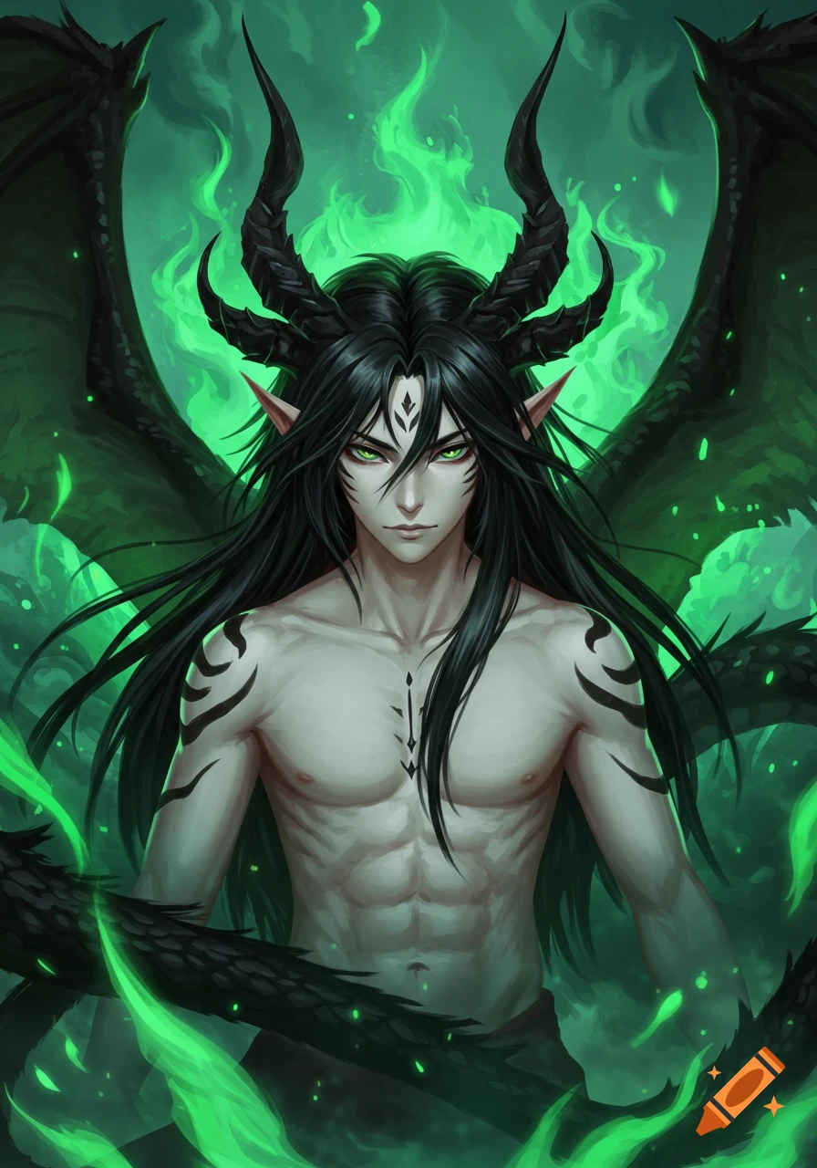 An anime-style male character with long black hair, green eyes, black horns, and large black wings stands amidst green glowing energy.