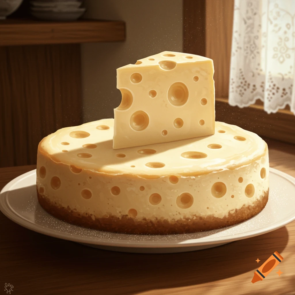 A photorealistic cheesecake with holes like Swiss cheese on a white plate, bathed in sunlight near a window.