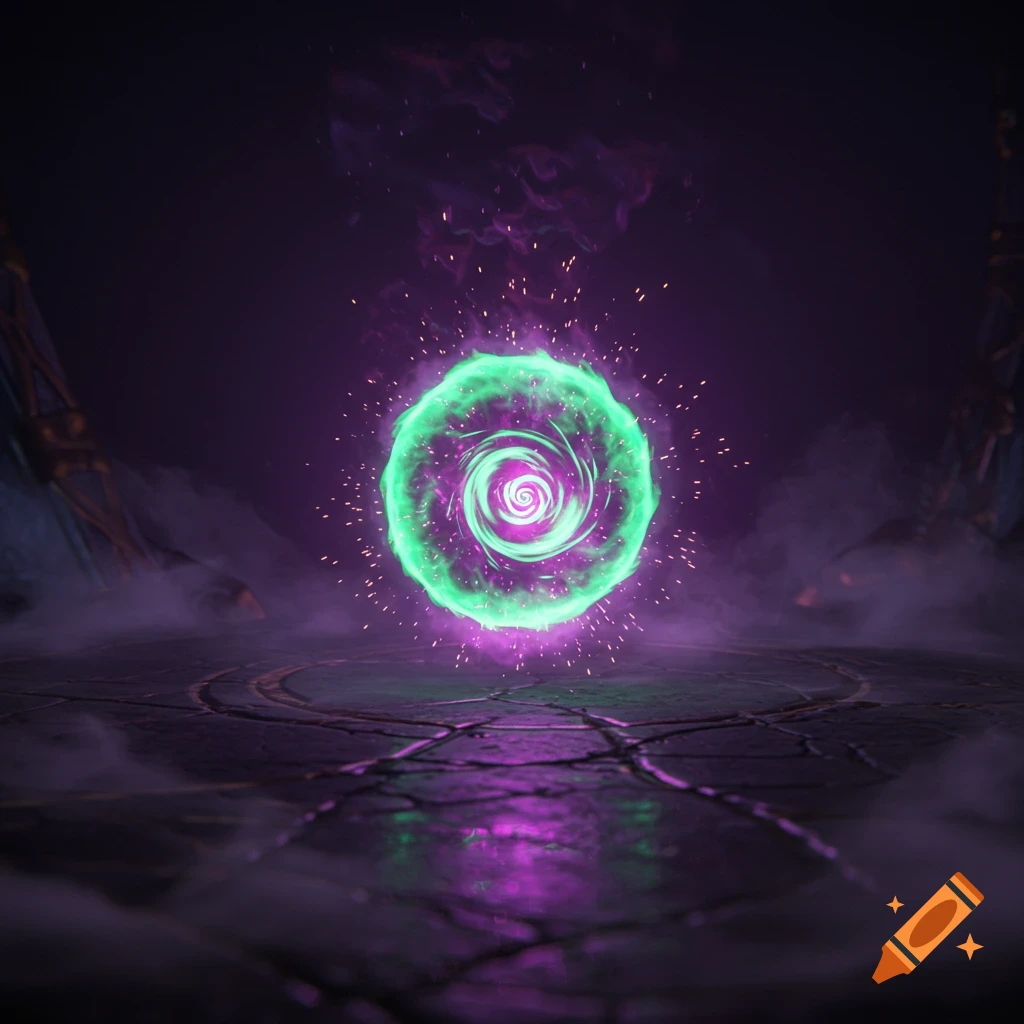 A glowing green and purple energy sphere or portal floats above a dark, cracked stone floor with mist.