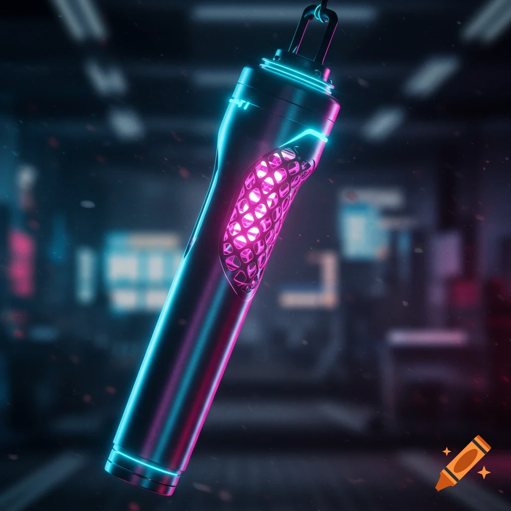 A futuristic black torch with glowing neon pink and blue lights, floating in a dark, blurry industrial or urban background.