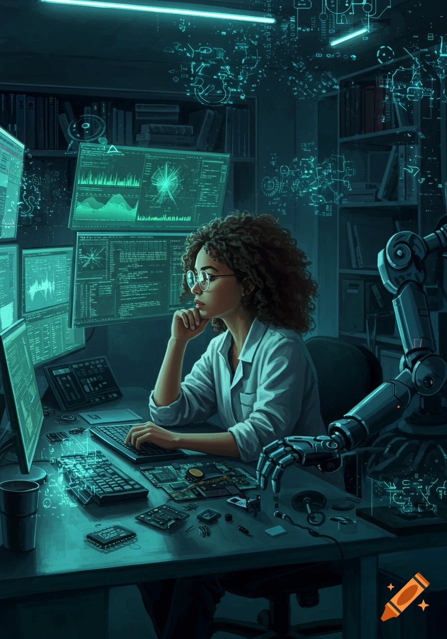 Female computer scientist in glasses and curly hair works at a desk with multiple screens showing data and circuit boards, next to a robotic arm.