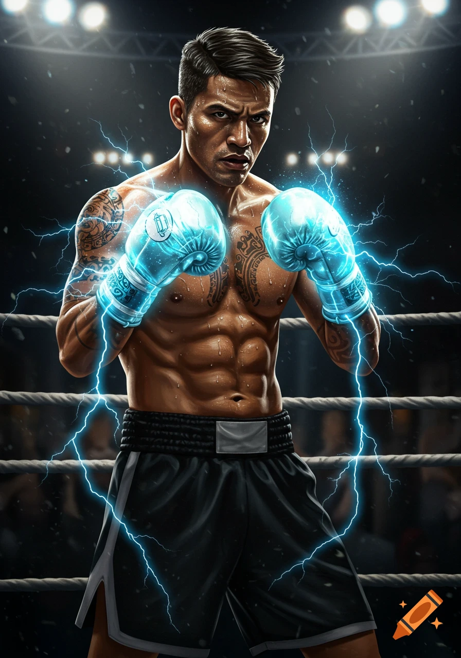 Illustration of a muscular male boxer with lightning-charged blue gloves in a boxing ring.