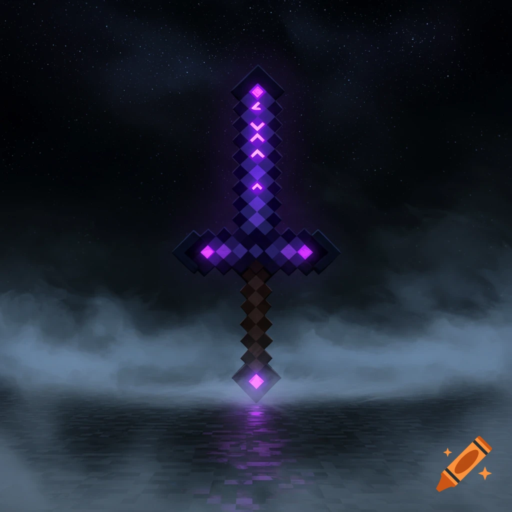Pixelated purple glowing Minecraft Ender Sword with a brown hilt, standing in mist with reflections under a starry sky.