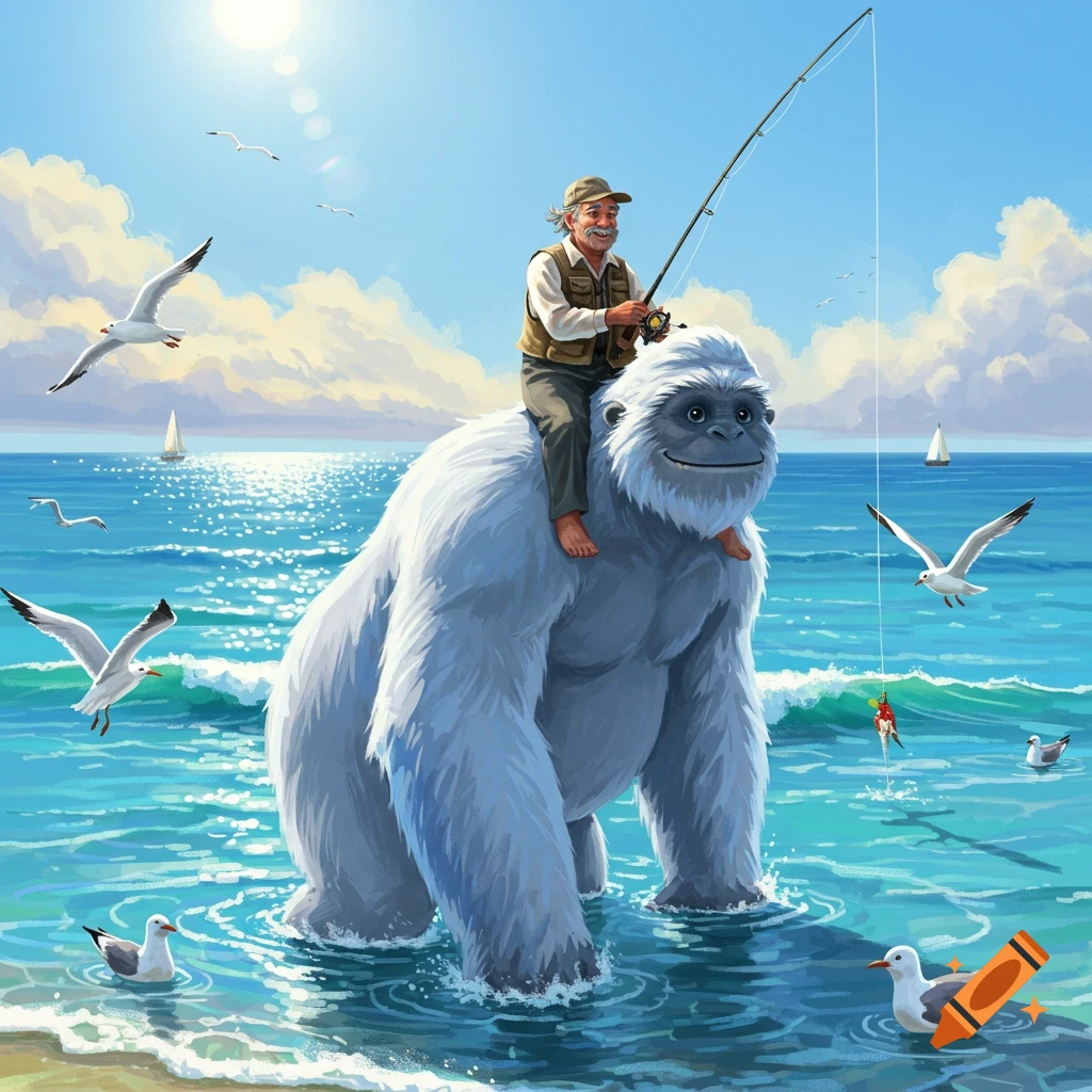 A man fishes from the shoulders of a white yeti in a sunny ocean with seagulls and sailboats.