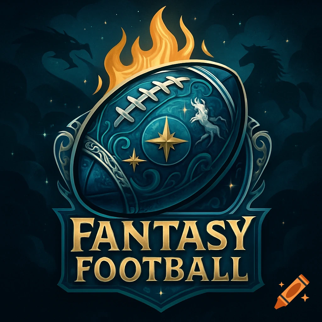 A dark blue and gold fantasy football logo with a decorated football, flames, and mythical creatures in the background.